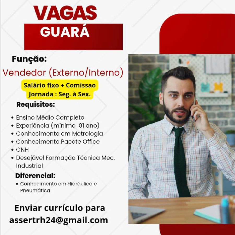 VAGAS GUARÁ - VENDEDOR EXTERNO/INTERNO