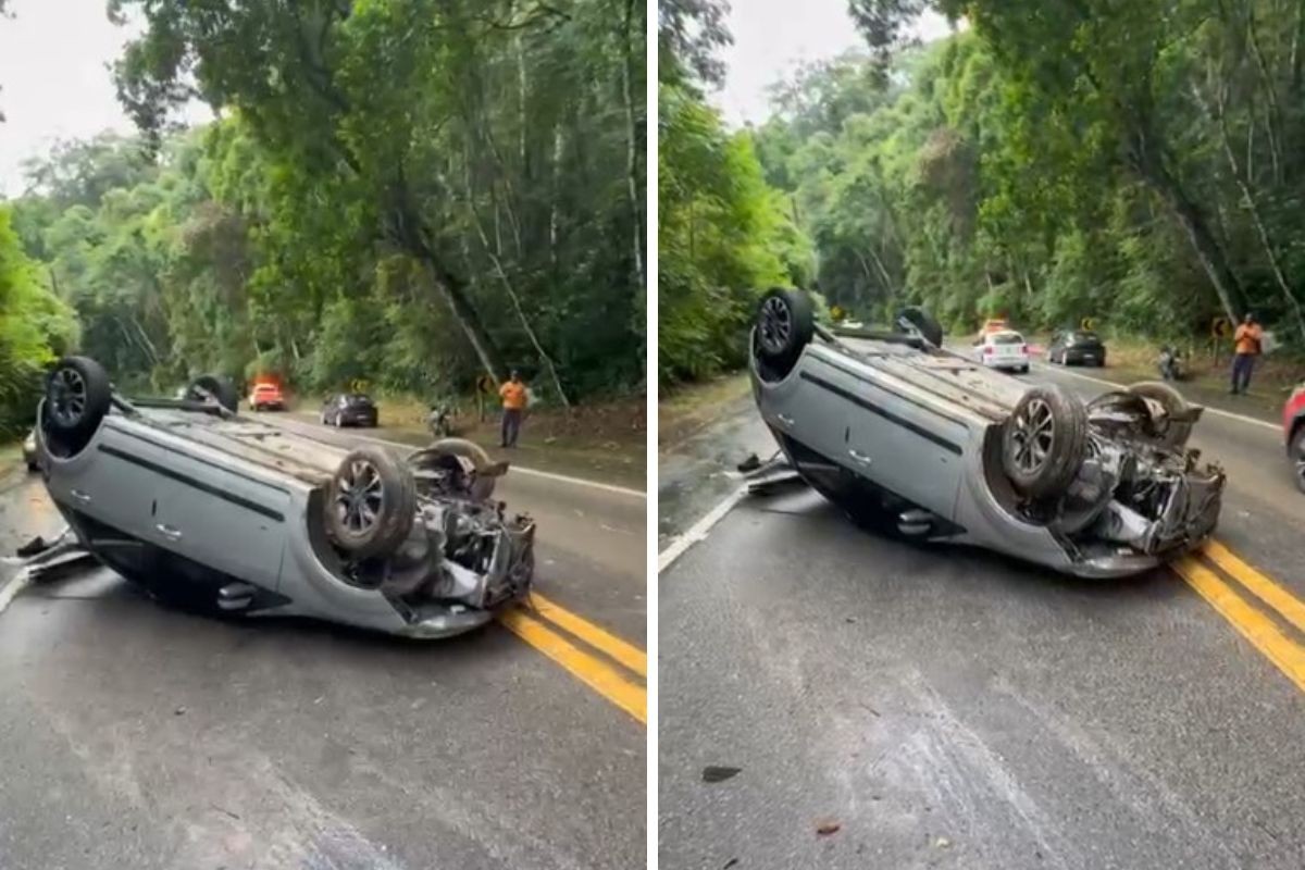 Carro capota na Rio-Santos e causa interdição parcial em rodovia, em São Sebastião