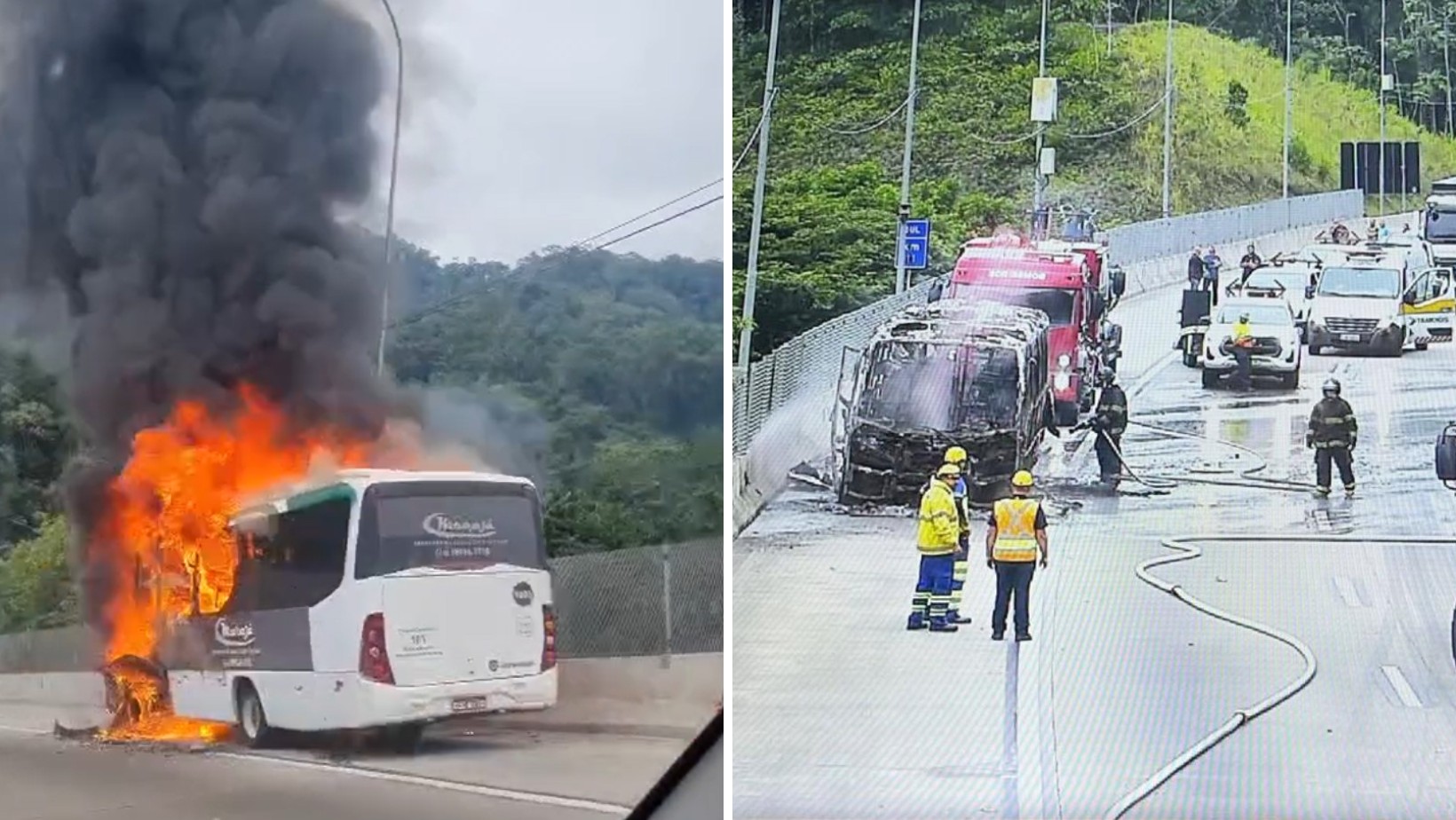 Incêndio em micro-ônibus interdita por 1h túnel da Rodovia dos Tamoios, em Caraguatatuba