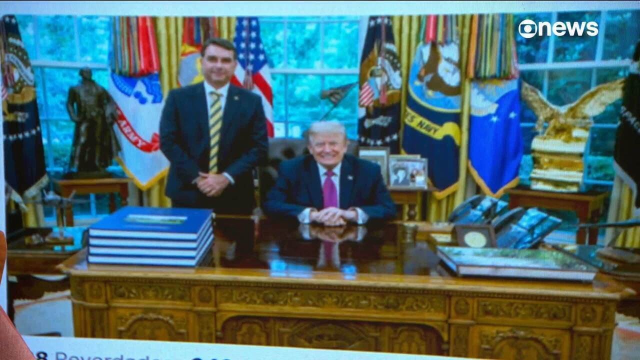 Horas após nova proposta de tarifaço, Trump posta foto com Flávio Bolsonaro