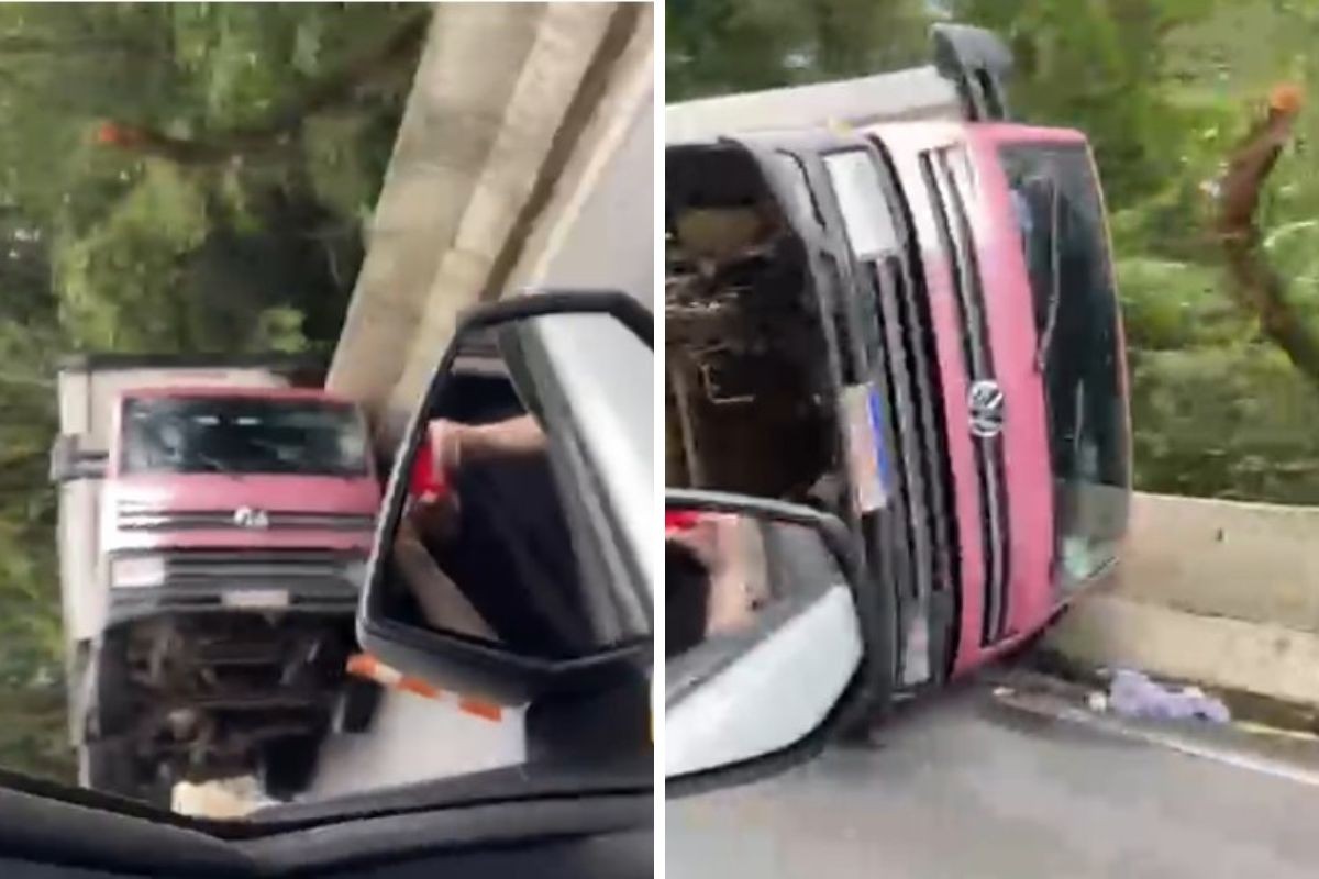 Caminhão tomba na Rodovia Oswaldo Cruz e interdita trecho da pista em Ubatuba