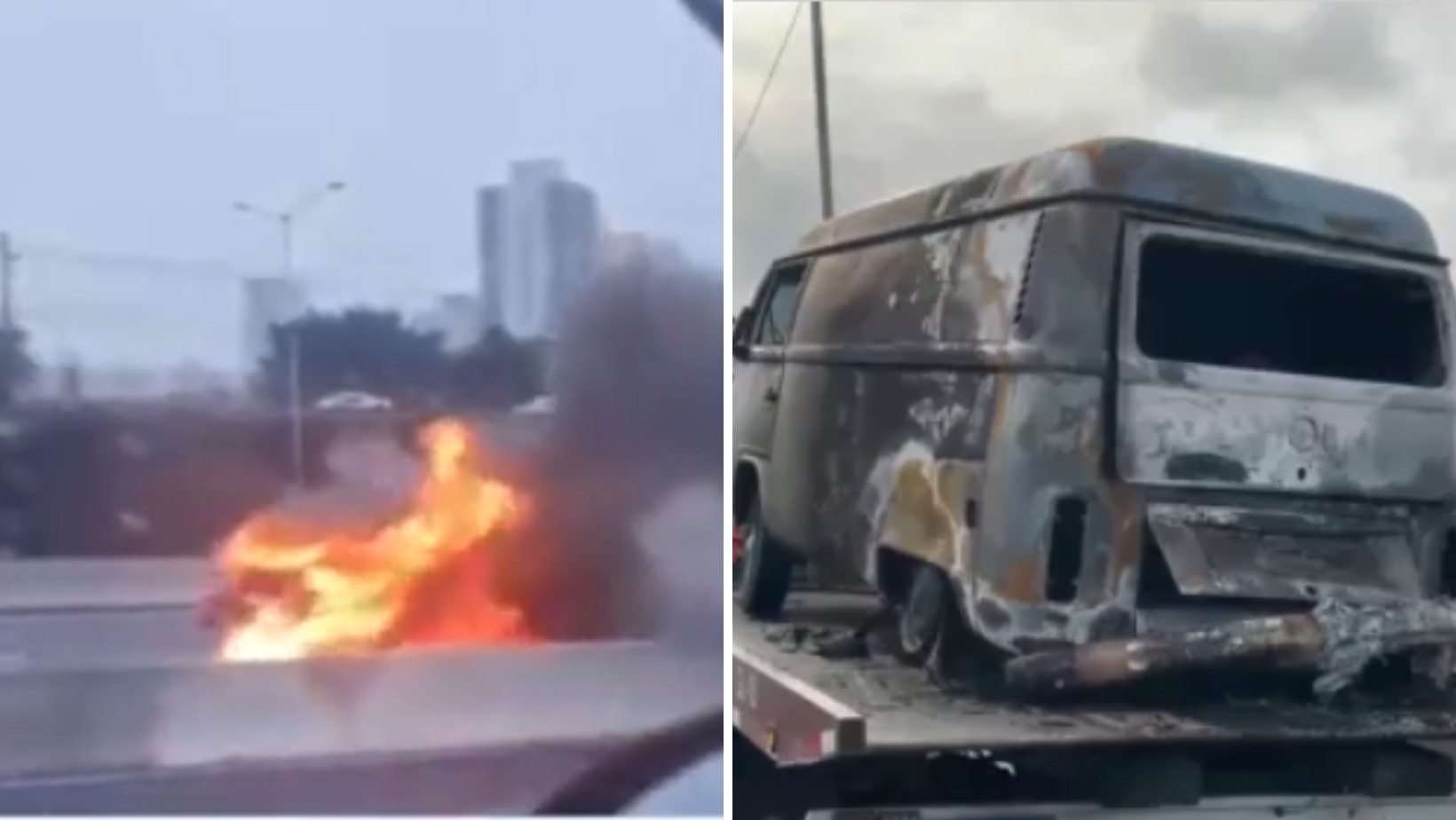 Kombi fica destruída após pegar fogo na Dutra, em São José dos Campos