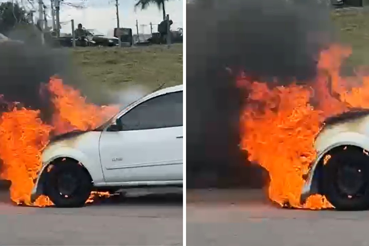VÍDEO: Carro pega fogo próximo ao posto da PRF na Dutra, em Caçapava